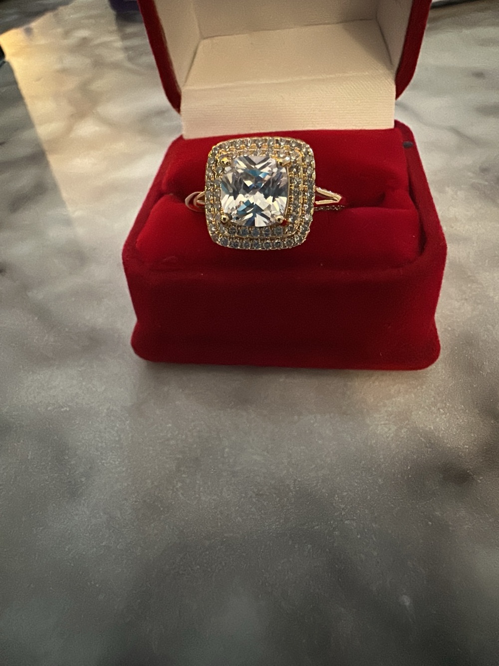 Gold Halo Cushion-Cut CZ Ring with Pave Accents